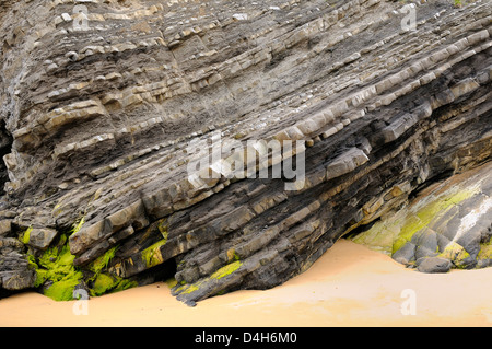 Gefaltete Schichten der Jura Kalkstein und Mergel Sedimentgestein in den Klippen bei Vega Strand, Ribadesella, Asturien, Spanien Stockfoto