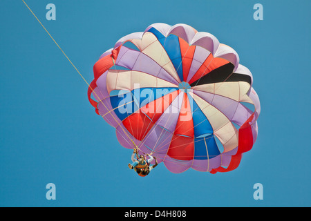 generische Schuss von asiatischen Gleitschirme fliegen Tandem Overhead bei strahlend blauem Himmel. Bild generiert in Goa Indien Stockfoto