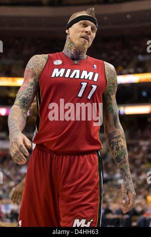 13. März 2013: Miami Heat Power-forward sieht Chris Andersen (11) während der NBA-Spiel zwischen den Miami Heat und die Philadelphia 76ers im Wells Fargo Center in Philadelphia, Pennsylvania. Die Miami Heat schlagen die Philadelphia 76ers, 98-94. Stockfoto