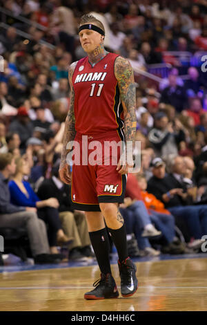 13. März 2013: Miami Heat Power-forward sieht Chris Andersen (11) während der NBA-Spiel zwischen den Miami Heat und die Philadelphia 76ers im Wells Fargo Center in Philadelphia, Pennsylvania. Die Miami Heat schlagen die Philadelphia 76ers, 98-94. Stockfoto