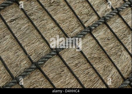 Geflochtenes Muster auf reetgedeckten Wohnhaus, Detail des Seil Arbeit sichern Stroh, traditionelle Zulu Hütte, Südafrika Stockfoto