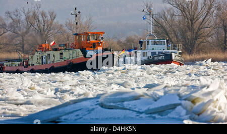 Eine polnische (L) und einem deutschen Eisbrecher klar Schifffahrtsweg von Eisschollen auf den Fluss Oder in der Nähe von Stuetzkow, Deutschland, 19 Januar 2009. Fünf deutsche und fünf polnische Eisbrecher sind im Einsatz auf dem Grenzfluss seit dem Wochenende. Foto: Patrick Pleul Stockfoto