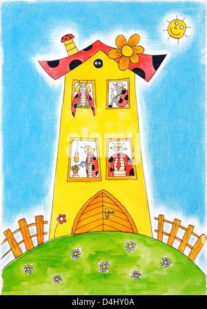 Marienkäfer Käfer Familie, Kinder Zeichnung, Aquarell, cartoon Stockfoto