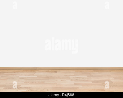 Hintergrund mit eine leere weiße Wand mit einem Hartholz Holzfußboden unten mit großen textfreiraum für Ihren Text oder Ihre Anzeige. Stockfoto