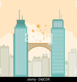 Vektor-Illustration von zwei Bürogebäuden Turm durch eine Brücke verbunden. Stockfoto