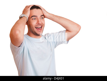 Expressive glücklich überrascht Mann, isoliert auf weiss Stockfoto