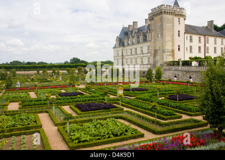 Das Schloss und das Teil der Renaissance-Küche-Garten in Villandry, Loiretal, Frankreich Stockfoto