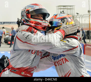 Toyota Teamkollegen italienischen Formel1-Fahrer Jarno Trulli (L) und deutsche Formel1-Fahrer Timo Glock (R) feiern nach dem Qualifying in Bahrain International Circuit, Sakhir, Bahrain, 25. April 2009. Trulli in der Pole-Position, gefolgt von Glock in Sekunden fertig. Die Formel 1 Grand Prix von Bahrain statt findet am Sonntag, 26. April 2009. Foto: Carmen Jaspersen Stockfoto