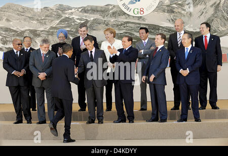 (L-R) Südafrikas Präsident Jacob Zuma, südkoreanischen Präsidenten Lee Myung-Bak, brasilianische Präsident Luiz Inacio Lula da Silva, indische Premierminister Manmohan Singh, US-Präsident Barack Obama, der britische Premierminister Gordon Brown, der französische Präsident Nicolas Sarkozy, Bundeskanzlerin Angela Merkel, der kanadische Premierminister Stephen Harper, italienische Ministerpräsident Silvio Berlusconi, japanische Stockfoto