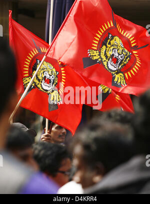 Flaggen der Liberation Tigers of Tamil Eelam (LTTE) sind bei einem Protest der Tamil Tigers in Frankfurt Main, Deutschland, 1. Mai 2009 winkte. Die Tamilen demonstrieren für einen eigenen Staat und Unabhängigkeit von Sri Lanka. Jedoch die LTTE ist eine militante Organisation und Alo geächtet als eine terroristische Organisationen durch Selbstmordattentate. Foto: Wolfram Steinberg Stockfoto