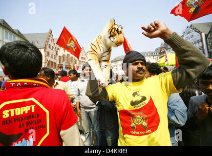 Anhänger der Liberation Tigers of Tamil Eelam (LTTE) zeigen bei einem Protest der Tamil Tigers in Frankfurt Main, Deutschland, 1. Mai 2009. Die Tamilen demonstrieren für einen eigenen Staat und Unabhängigkeit von Sri Lanka. Jedoch die LTTE ist eine militante Organisation und Alo geächtet als eine terroristische Organisationen durch Selbstmordattentate. Foto: Wolfram Steinberg Stockfoto