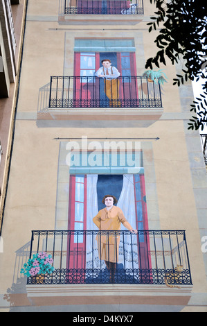 Barcelona, Katalonien, Spanien. Trompe-l ' oeil Wandgemälde im Placa de Sant Cugat Stockfoto