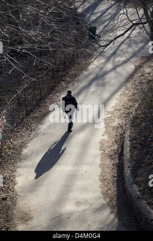 Mann geht mit Hund von der Leine in Prospect Park an einem späten Winter-Nachmittag; Brooklyn; NEW YORK Stockfoto