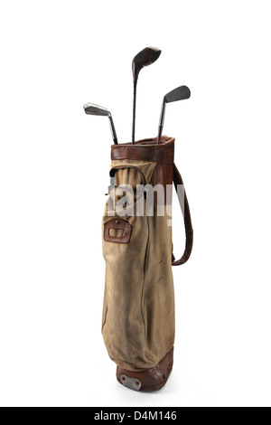 Alte Tasche Golfschläger isoliert auf weißem Hintergrund Stockfoto