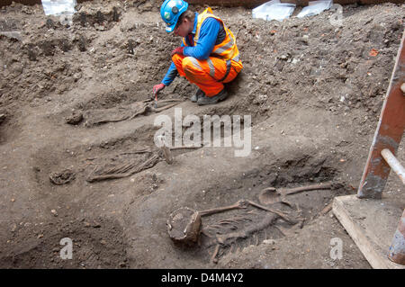 HANDOUT Bild: London, UK. 15. März 2013.   Entdeckung des Schwarzen Todes Gräberfeld aus dem 14. Jahrhundert durch führen Crossrail Archäologe Jay Carver.  Bildnachweis: Crossrail/Amer Ghazzal/Alamy Live News Stockfoto