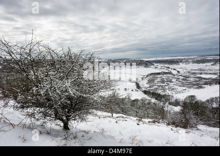 Schnee über das Loch des Horcum in North York Moors Nationalpark zwischen Levisham und Goathland in North Yorkshire, Großbritannien Stockfoto