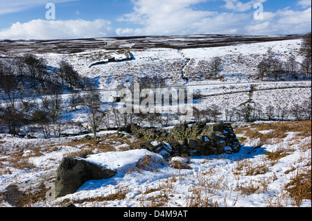 Schneebedeckte Steinmauer und Moorland in North York Moors National Park in der Nähe von Dorf Goathland in North Yorkshire. Stockfoto