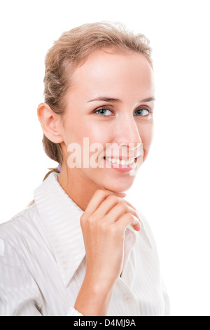 junge Frau in Bürokleidung. Die Figur ist isoliert auf einem weißen Hintergrund mit den Beschneidungspfad Stockfoto