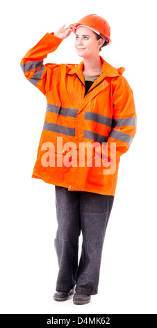 einfache Frau in Arbeitskleidung auf weißem Hintergrund Stockfoto