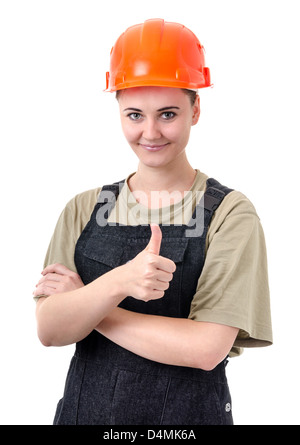 einfache Frau in Arbeitskleidung auf weißem Hintergrund Stockfoto