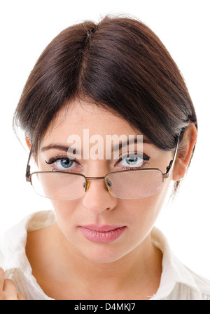 Porträt einer jungen Frau in einem weißen Bluse auf weißem Hintergrund Stockfoto
