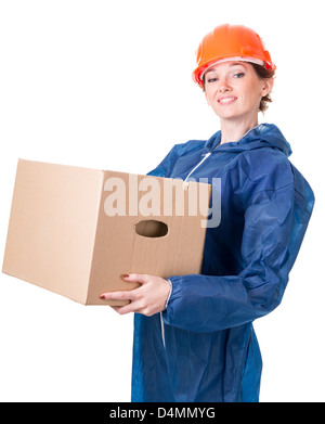Porträt einer Frau in Schutzkleidung und Helm. Isoliert auf weißem Hintergrund mit einem Beschneidungspfade Stockfoto