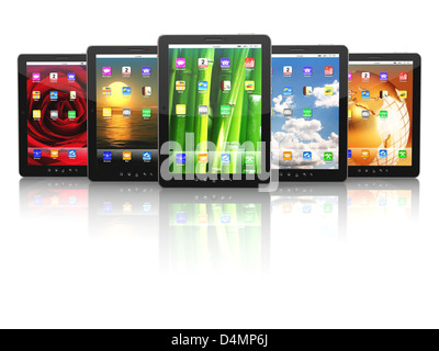 Gruppe von digitalen Tablet-pc mit verschiedenen Bildschirmhintergründe. 3D Stockfoto