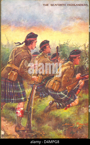 Weltkrieg eine Postkarte zeigt die Seaforth Highlanders Künstlers Harry Payne. Stockfoto