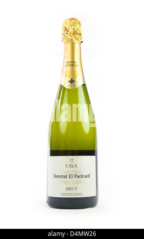 Ein Schnitt, Flasche Heretat El Padruell Cava Brut Stockfoto