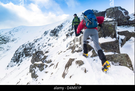 Zwei Wanderer Klettern Swirral Rand auf Route auf den Gipfel des Lakelandpoeten im Lake District. Stockfoto