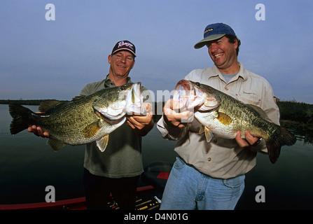 Zwei Fischer hält Forellenbarsch (Micropterus Salmoides) gefangen auf Choke Canyon Lake, Texas Stockfoto