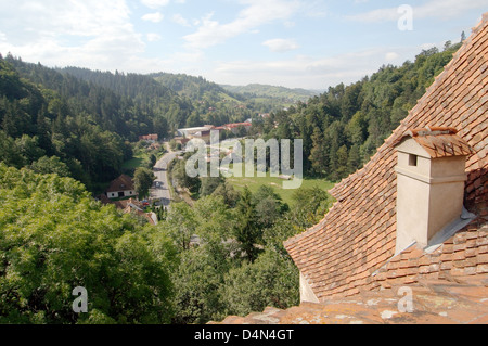 Blick von der Burg Bran Castle (Castelul Bran) - Graf Dracula Schloss, Kronstadt, Walachei, Rumänien Stockfoto