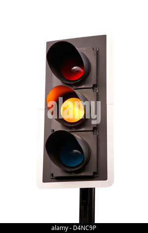 Geschnitten Sie aus einer englischen Ampel auf gelb Stockfoto