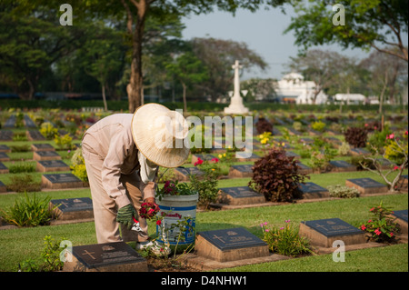 Kanchanaburi, Thailand, die Alliierten Friedhof, ein Gärtner pflegt Blumen Stockfoto