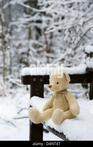 Teddy-Bär auf einer Bank im Schnee in einem englischen Waldgebiet Stockfoto