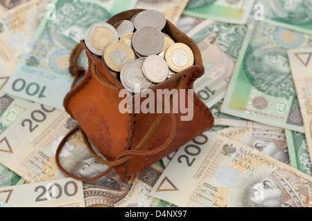 volle Geld-Beutel mit Münzen auf den Banknoten Stockfoto