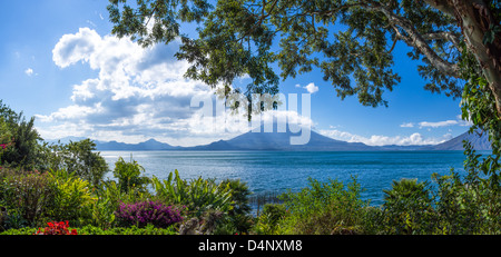 Einen schönen Blick auf Lake Atitlan und Toliman Vulkan von einem üppigen tropischen Garten Stockfoto