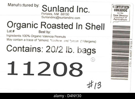 ERINNERT – Sunland, Inc. Gab heute bekannt, dass es seine fortlaufende freiwillige Rückruf-Erweiterung auf rohe und geröstete Schalenerdnüsse erweitert, die in seiner Erdnussverarbeitungsanlage verarbeitet werden, da die Produkte das Potenzial haben, mit Sal kontaminiert zu werden Stockfoto
