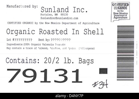 ERINNERT – Sunland, Inc. Gab heute bekannt, dass es seine fortlaufende freiwillige Rückruf-Erweiterung auf rohe und geröstete Schalenerdnüsse erweitert, die in seiner Erdnussverarbeitungsanlage verarbeitet werden, da die Produkte das Potenzial haben, mit Sal kontaminiert zu werden Stockfoto