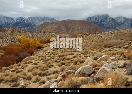 Blick auf die Alabama Hills entlang Whitney Portal Road in der Nähe von Lone Pine, California. Die Berge der Sierra sind in der Ferne. Stockfoto