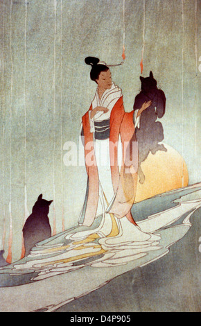 Fox - japanische Frau in konventionellen Kostüm mit schattenhafte Figuren der zwei Füchse, ca. 1916 Stockfoto