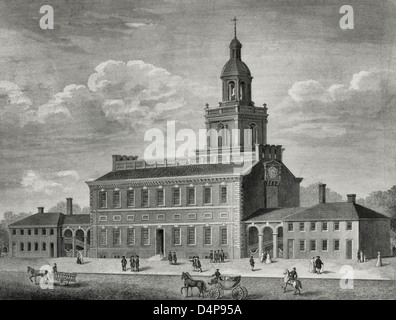 Die Statehouse in Philadelphia 1776 - Außenansicht der Independence Hall in Philadelphia, Pennsylvania, als es sah im Jahre 1776. Stockfoto