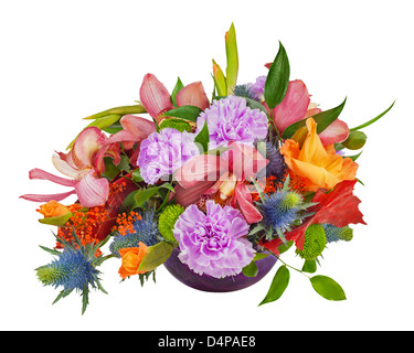 Blumenstrauß von Orchideen, Gladiolen und Nelken Anordnung Herzstück in blauem Glasvase isoliert auf weißem Hintergrund Stockfoto