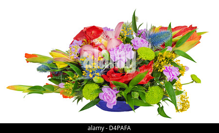 Blumenstrauß von Orchideen, Gladiolen und Nelke Anordnung Herzstück in Glasvase isoliert auf weißem Hintergrund. Stockfoto