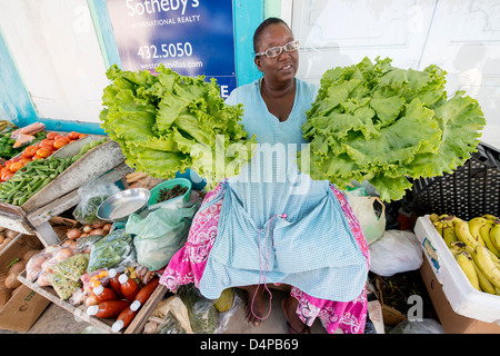 Eine Frau verkauft bunte Gemüse und Früchte auf einem Markt stall auf der Straße in Speightstown, Barbados, Karibik Stockfoto