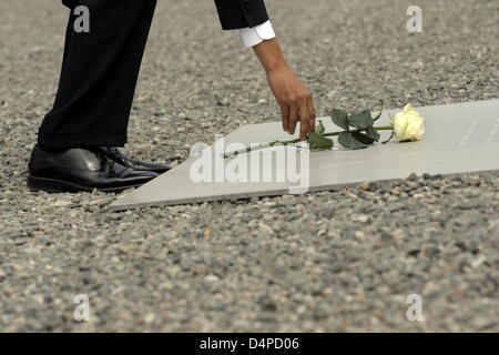 US-Präsident Barack Obama legt eine weiße rose am Mahnmal für alle Häftlinge des KZ Buchenwald bei Weimar, Deutschland, 5. Juni 2009. Der US-Präsident besucht das ehemalige Konzentrationslager bei seinem kurzen Besuch in Deutschland. Foto: Jens-Ulrich Koch Stockfoto