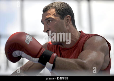 Ukrainische Boxer Vladimir Klitschko in Aktion während einer Presse-Ausbildung in Essen, Deutschland, 17. Juni 2009 gezeigt. Klitschko kämpfen Ruslan Chagaev zur Verteidigung seines IBF und WBO-Schwergewichts-Weltmeistertitel bei den? Knockout Auf Schalke? in Veltins-Arena in Gelsenkirchen am 20. Juni 2009. Foto: BERND THISSEN Stockfoto