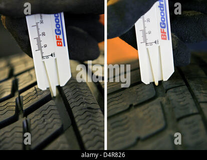 Dieses kombinierte Foto zeigt die Messung der Lauffläche eine neue (l) und eine alte Winterreifen in Nürnberg, 10. Oktober 2009. Der neue Reifen ist ausgestattet mit einer Profiltiefe von acht Millimetern, das alte hat nur 4 Millimeter. Automobilclubs empfehlen um nicht zu unterschreiten einer Profiltiefe von drei Millimeter schmaler und vier Millimeter breitere Winterreifen. Foto: Daniel Ka Stockfoto