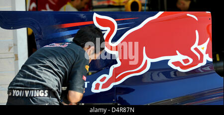 Ein Mitarbeiter von Red Bull Racing Polituren ein Team LKW am Hungaroring Rennen verfolgen in Mogyorod in der Nähe von Budapest, Ungarn, 23. Juli 2009. Formel 1 Grand Prix von Ungarn findet statt am 26. Juli. Foto: Carmen Jaspersen Stockfoto