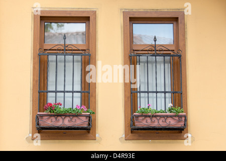 Türkische alte altmodische Haus Fenster mit schwarzen Balken und Geranien vor ihnen. Stockfoto